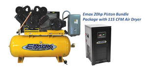 EMAX E450 Series NON-Silent Industrial Plus Horizontal Piston Air Compressor 20hp, 3 Cyl, 3PH, 120 gallon with 115 CFM Air Dryer Bundle- EP20H120V3PKG