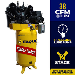 EMAX EI10V080V1 E350 Series – 10 HP Piston Air Compressor, 2 Stage ,Pressure Lubricated, Single Phase, V4, 80 Gallon, Vertical, Industrial