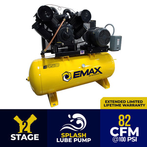 EMAX EP25H120V3 E450 25 HP Piston Air Compressor, 3 Phase, 120 Gallon, Horizontal, Industrial Plus