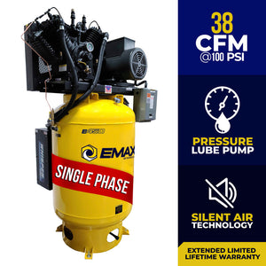 EMAX E450 Series – 10 HP Piston Air Compressor, 120 Gallon, 1 Phase, 2 Stage Pressure Lubricated, Silent Air System -ESP10V120V1