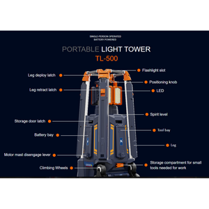 MountBright TL500 Batería de litio 62.000 lúmenes Torre de luz telescópica portátil LED de 13,8 pies
